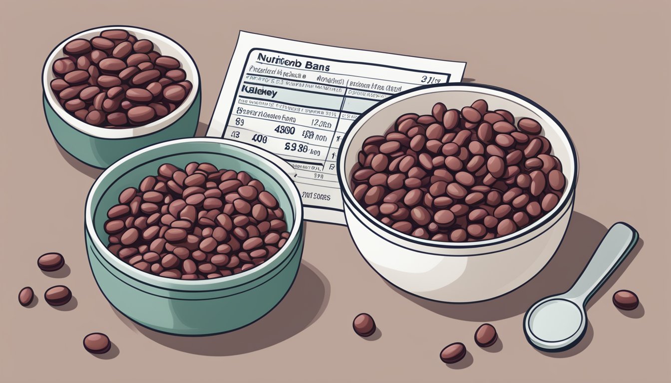 A bowl of kidney beans and a bowl of red beans side by side with a measuring cup and a nutrition label next to them