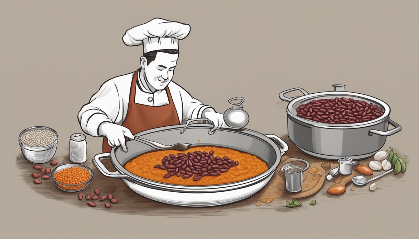 A chef swaps kidney beans for red beans in a simmering pot of chili, adding depth to the dish's flavor profile