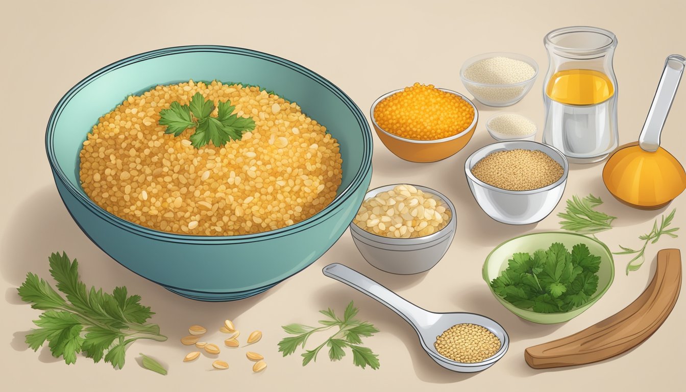 A bowl of pilaf with kasha replacing bulgur, surrounded by ingredients and a measuring cup