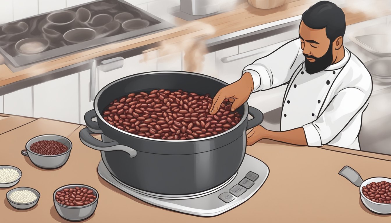 A chef swapping out kidney beans for red beans in a simmering pot of chili, carefully measuring and adding the substitute beans to the bubbling mixture