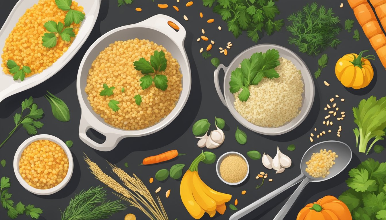 A bowl of kasha and bulgur side by side, surrounded by various pilaf ingredients like vegetables and herbs, with a measuring cup and spoon nearby