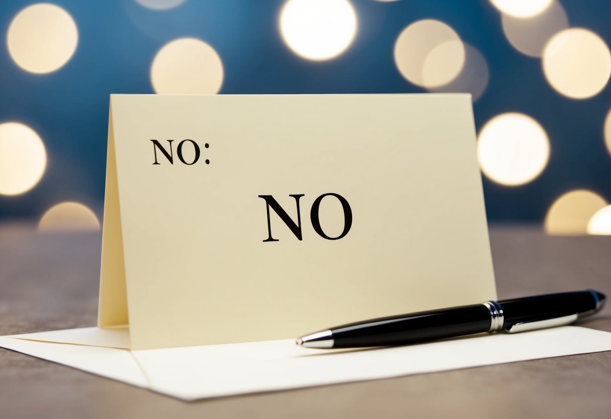 A blank RSVP card with a "No" box checked and a pen lying next to it