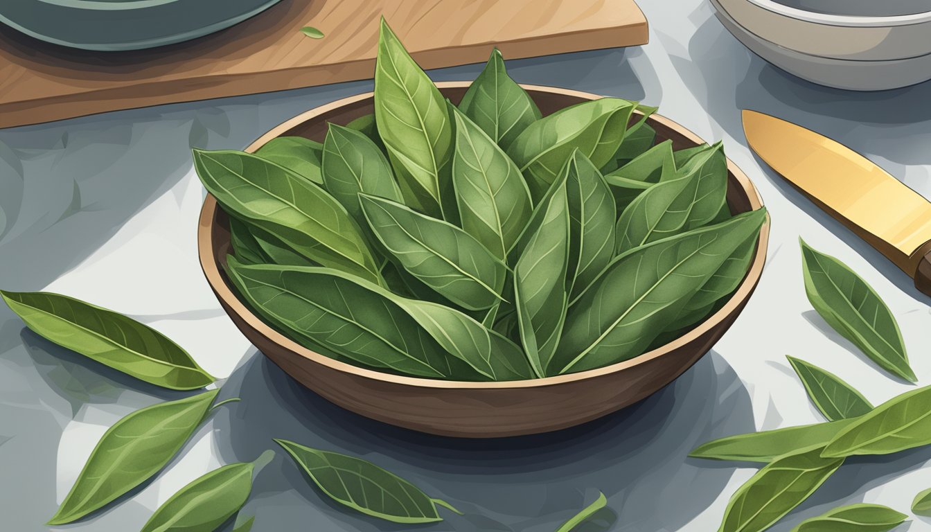 A bowl of bay leaves and kaffir lime leaves on a kitchen counter, with a chef's knife nearby