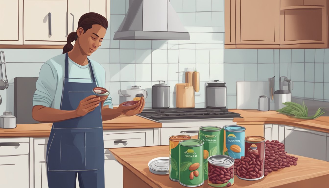 A person in a kitchen, holding a can of kidney beans and a can of red beans, comparing the two before making a decision