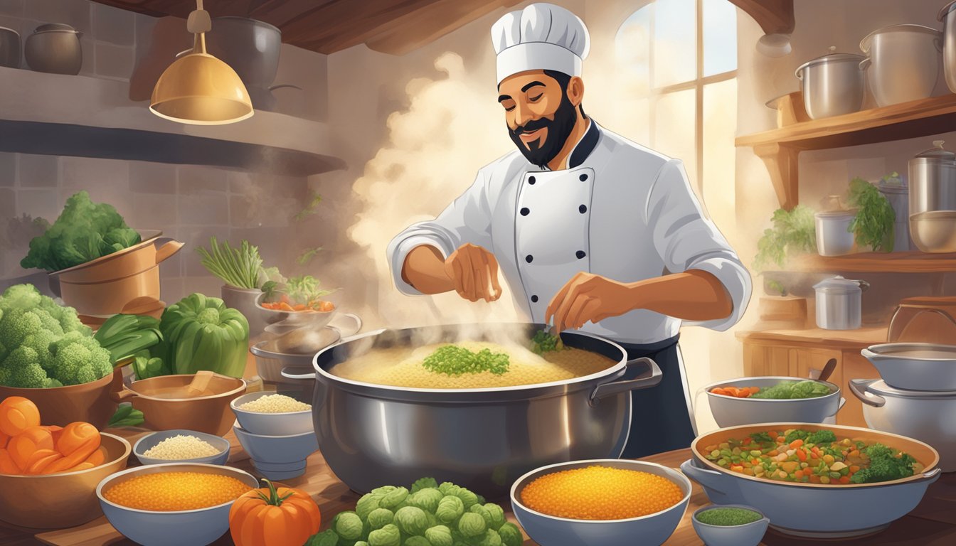 A chef pouring kasha into a pot of simmering broth, surrounded by bowls of various vegetables and seasonings, with a steaming pilaf dish in the background