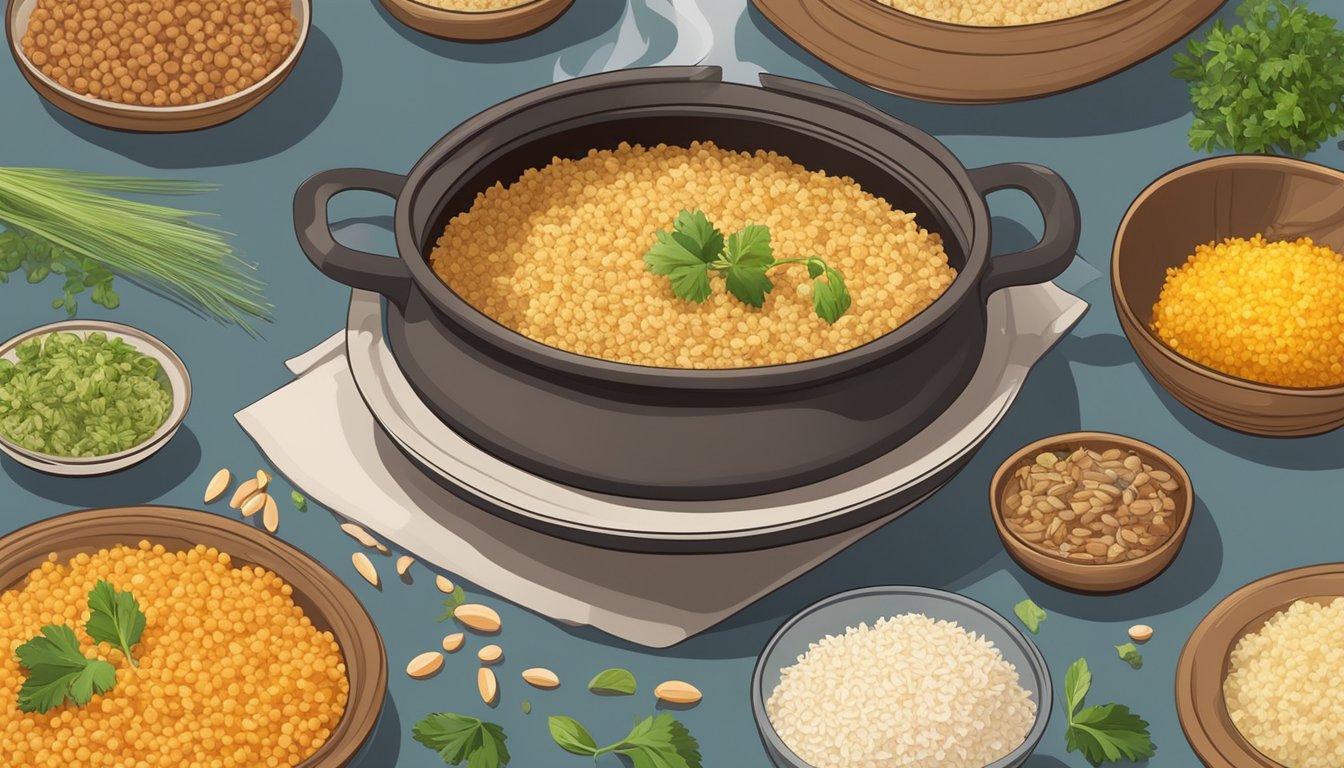 A steaming pot of pilaf with kasha replacing bulgur, surrounded by bowls of alternative ingredients like quinoa and rice