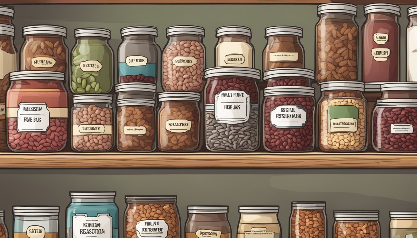 A pantry shelf with jars of beans, including kidney and red beans, with a label showing how to substitute one for the other