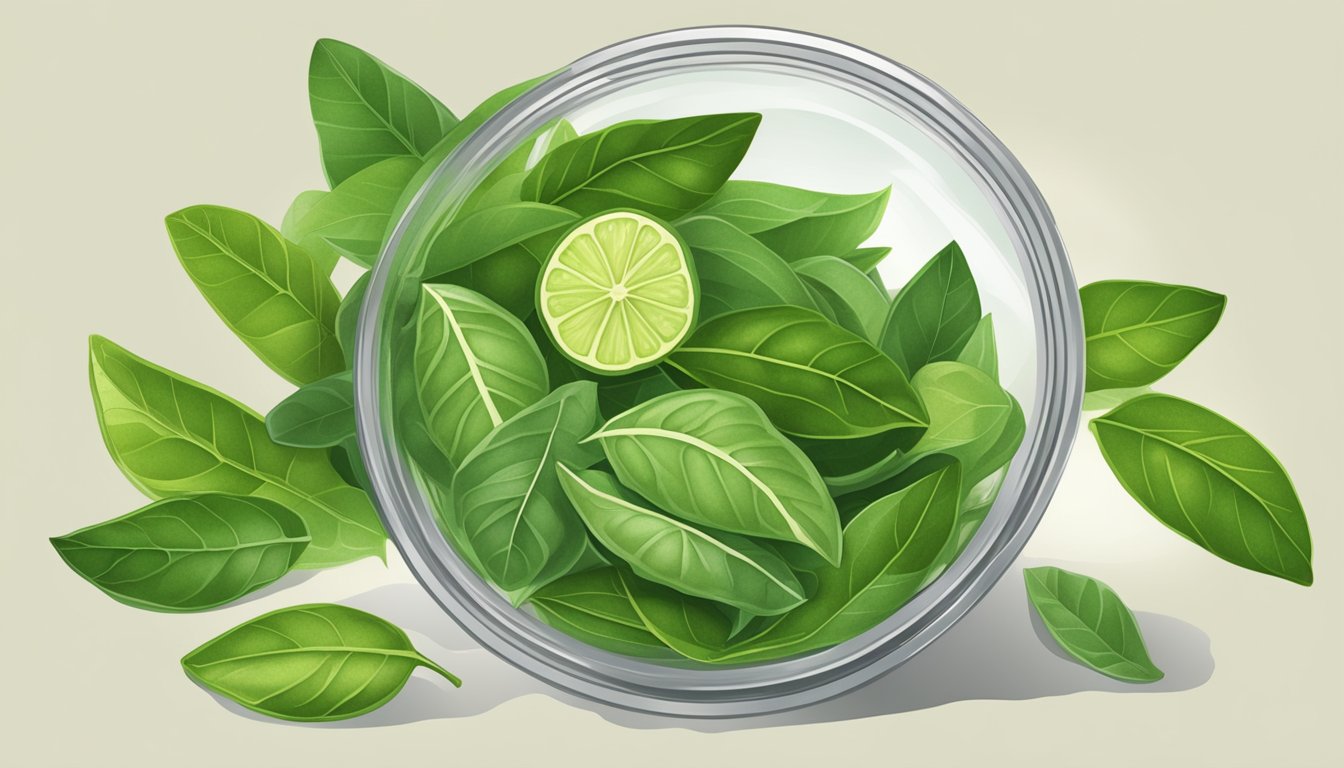 Kaffir lime leaves stored in airtight container. Bay leaves used as substitute in cooking