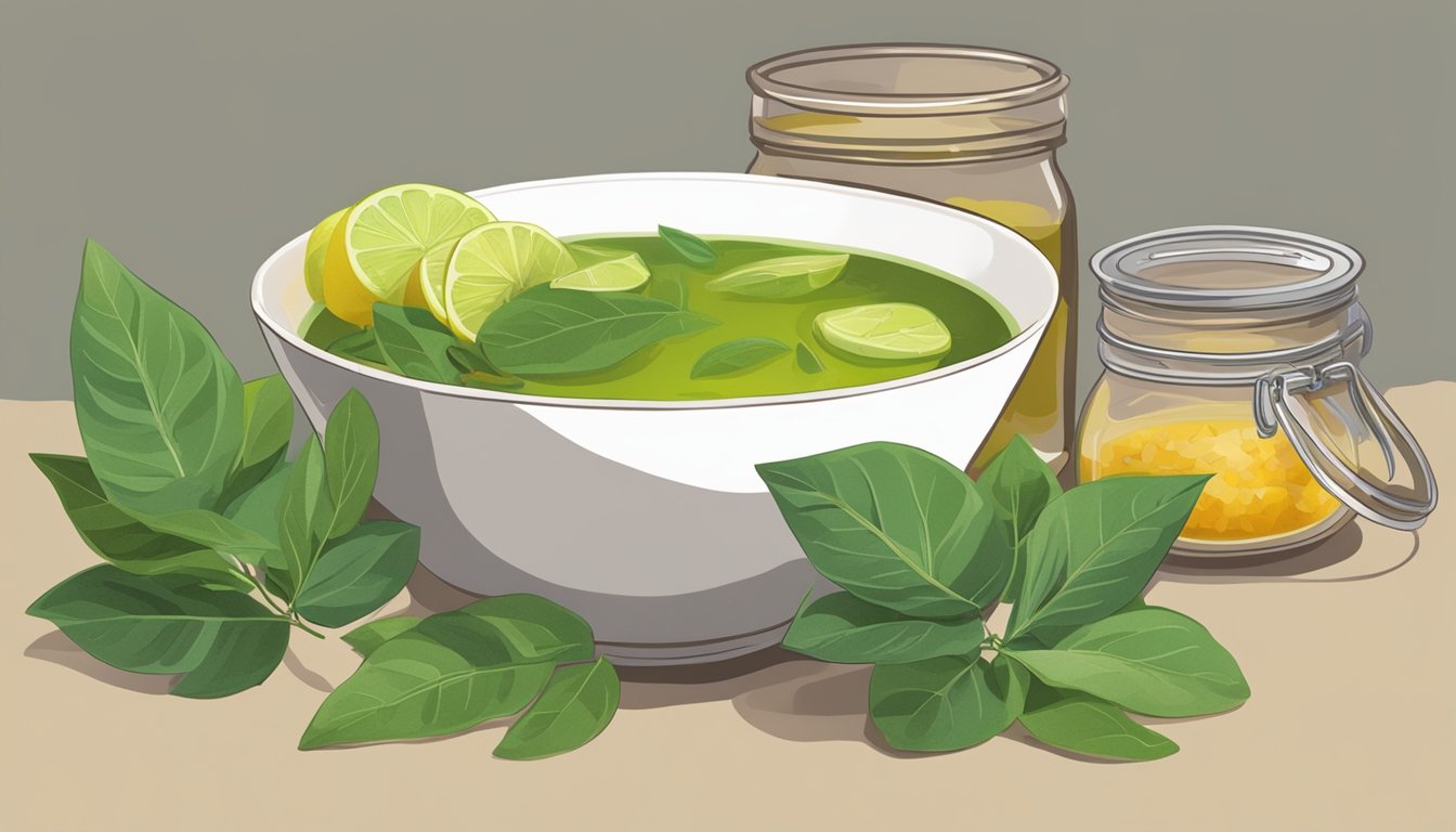 A bowl of simmering soup with kaffir lime leaves floating on the surface, next to a jar of bay leaves