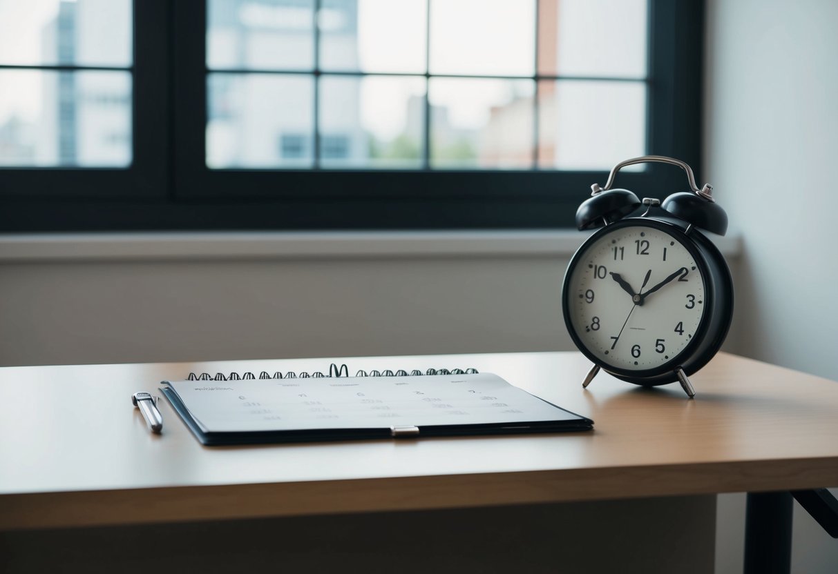An empty desk with a calendar showing today's date and a clock indicating the time, suggesting a sudden departure without notice