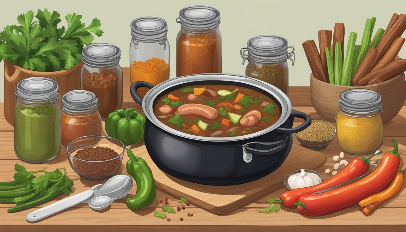 A simmering pot of gumbo with kielbasa, bell peppers, onions, and celery, surrounded by jars of spices and a wooden cutting board