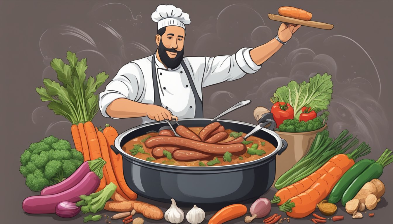 A chef swapping kielbasa for andouille in a steaming pot of gumbo, surrounded by spices and fresh vegetables