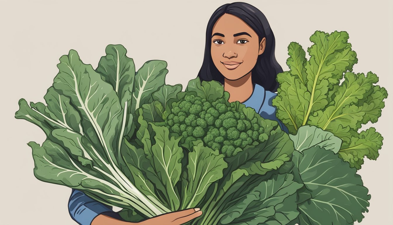 A person holding a bunch of kale and collard greens, comparing their leaves and textures