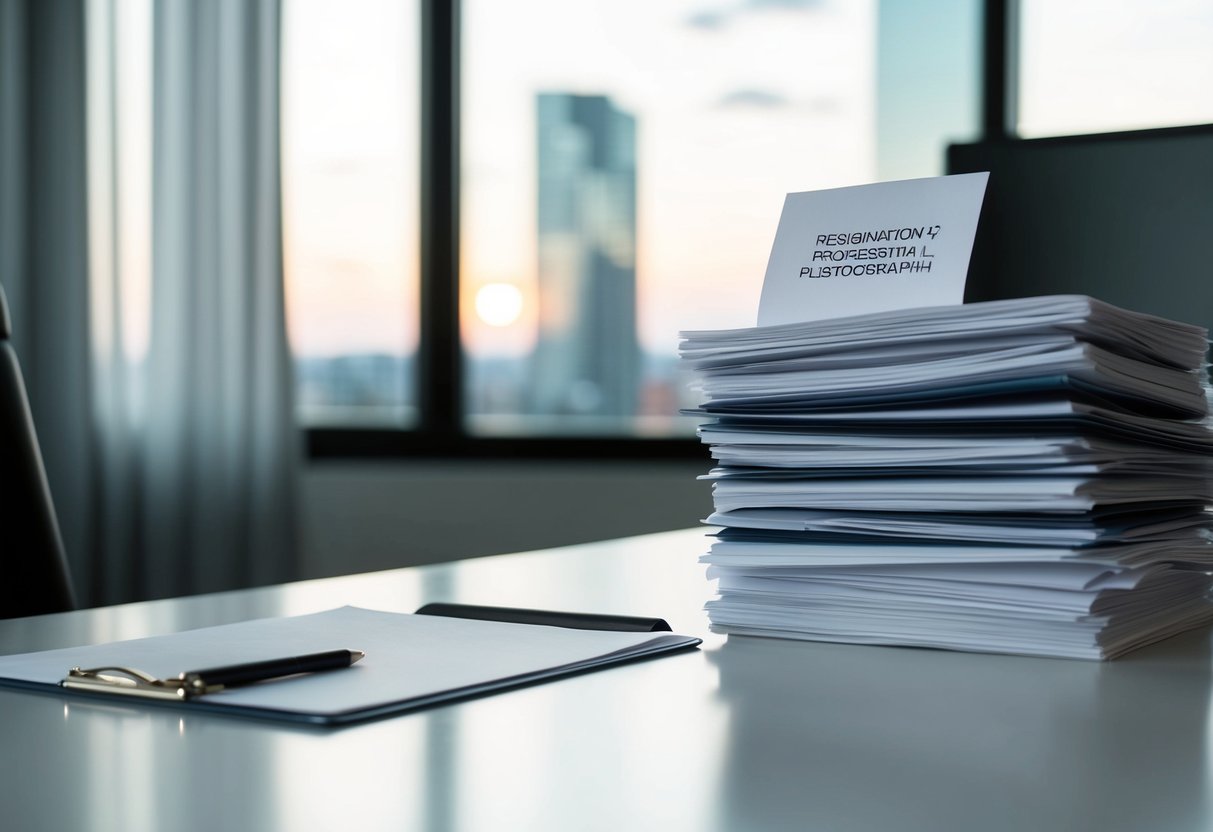 An empty desk with a neatly stacked pile of papers and a resignation letter on top