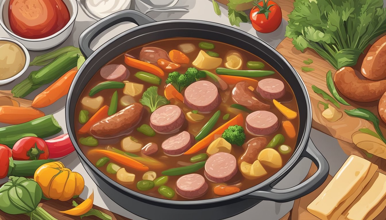 A pot of gumbo simmers on the stove, with colorful vegetables and chunks of kielbasa sausage bubbling in a rich, spicy broth