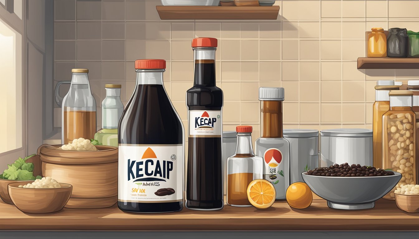 A bottle of kecap manis next to various soy sauce varieties on a kitchen counter