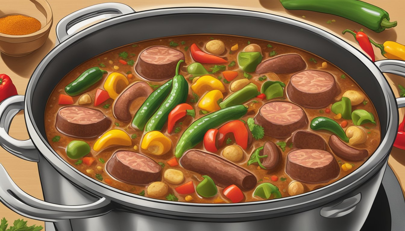 A steaming pot of gumbo simmering on a stovetop, filled with chunks of kielbasa sausage, okra, and bell peppers, surrounded by the vibrant colors of Louisiana spices and seasonings