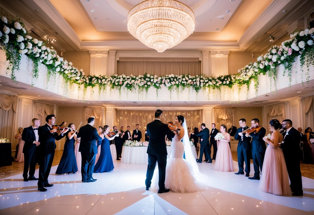A grand, elegant ballroom with a stage and dance floor adorned with flowers and twinkling lights. A string quartet plays romantic music as guests mingle and celebrate