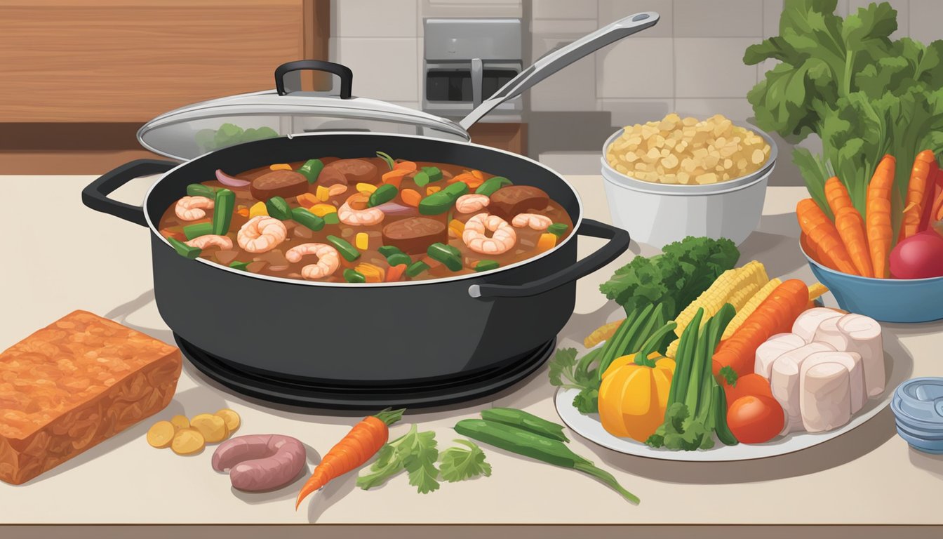 A pot of gumbo simmers on a stovetop, filled with colorful vegetables, shrimp, and chunks of andouille sausage. A package of kielbasa sits nearby, ready to be sliced and added as a substitute