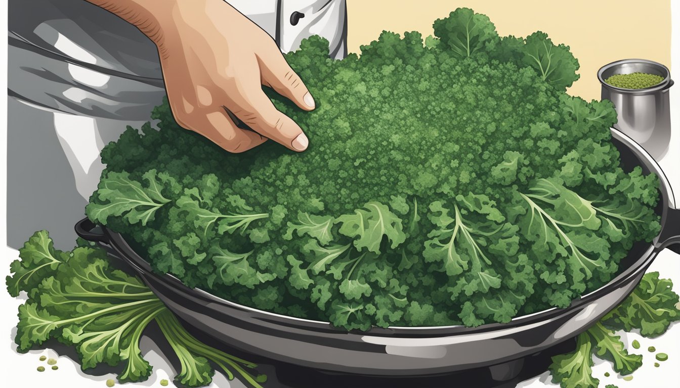 A chef sprinkles seasoning on a pile of kale leaves, while a pot of collard greens sits untouched nearby