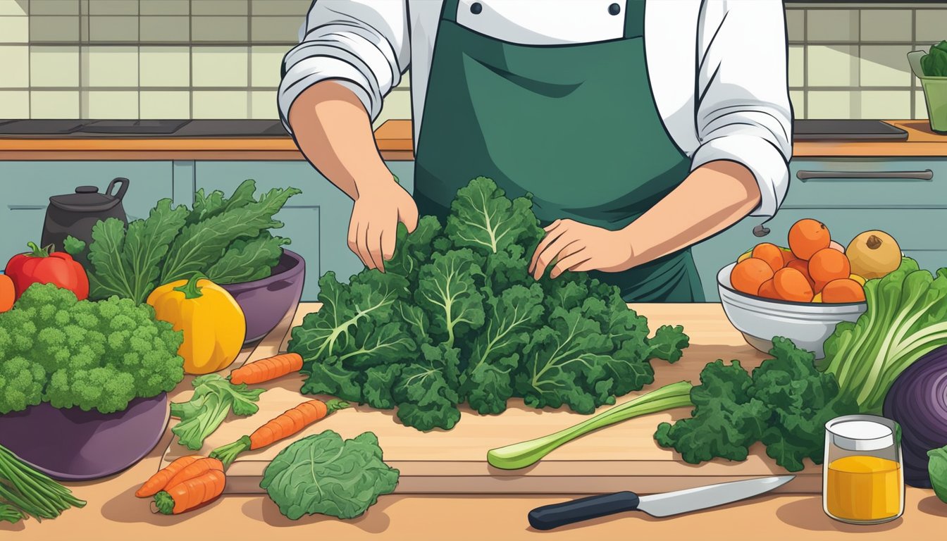 A chef chopping kale to replace collard greens in a recipe, with various vegetables and cooking utensils on the kitchen counter