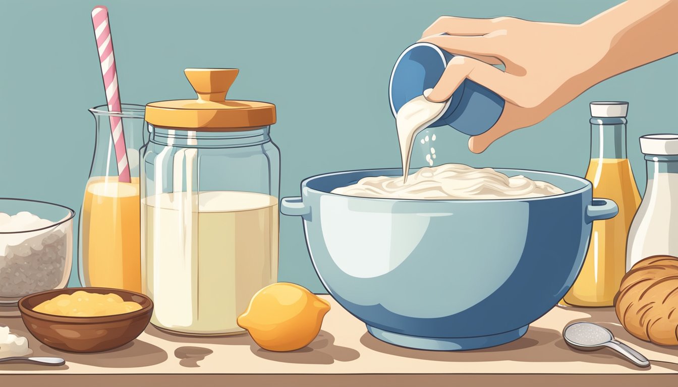 A bowl of kefir being poured into a mixing bowl, alongside various baking ingredients and utensils