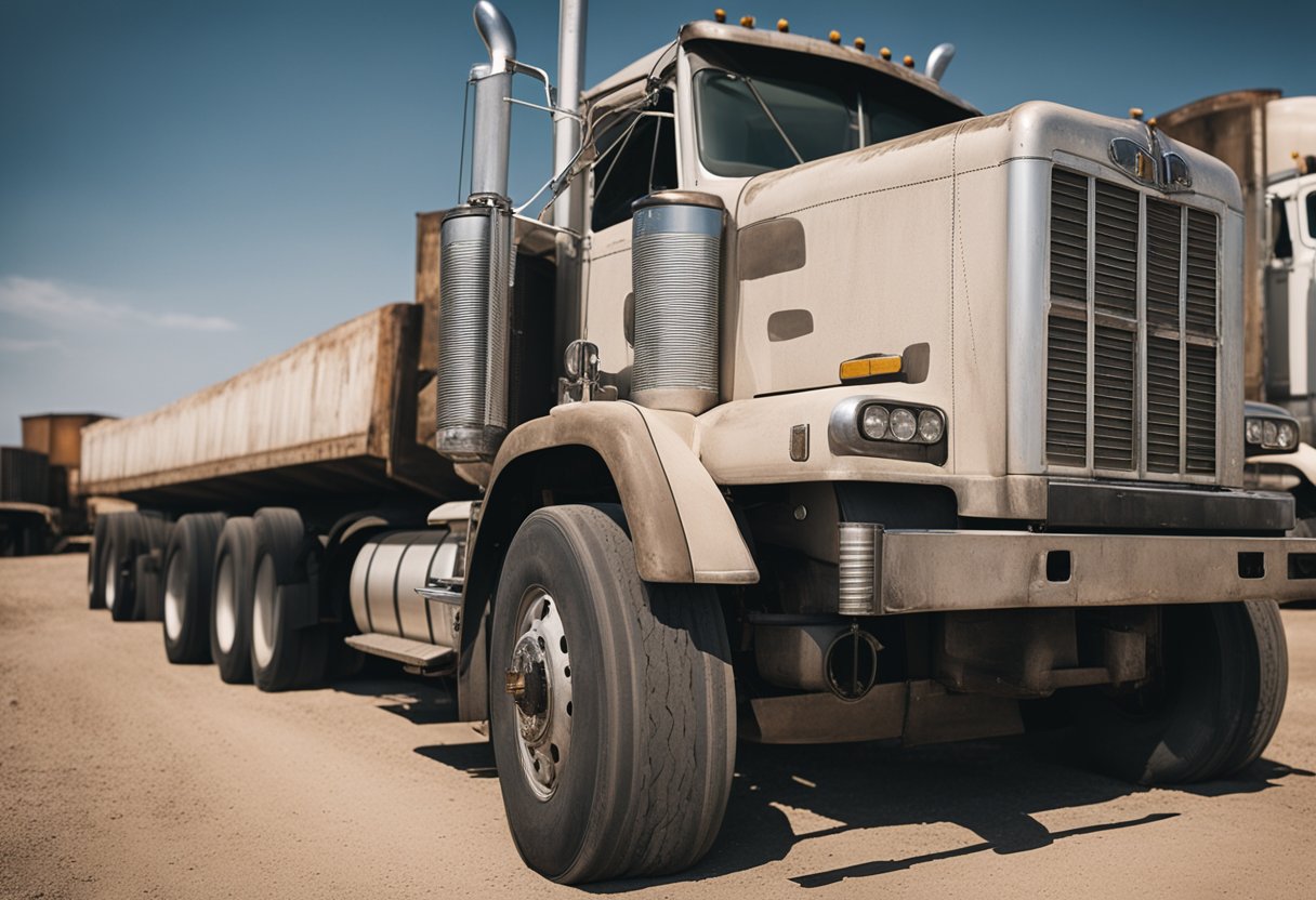 A semi truck parked in a dusty lot, its weathered tires showing signs of wear and aging