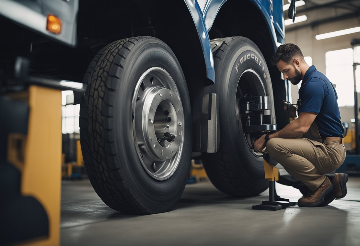 A semi truck parked in a mechanic's shop with a technician inspecting the tires for wear and tear. The technician is using a gauge to measure the tread depth of the tires