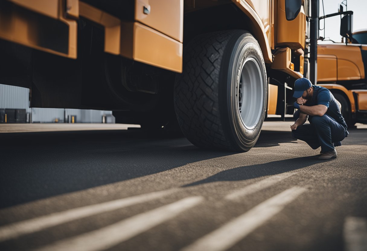 A semi truck parked in a maintenance yard, with a mechanic checking the age of the tires using a gauge. The truck's tires are stacked nearby