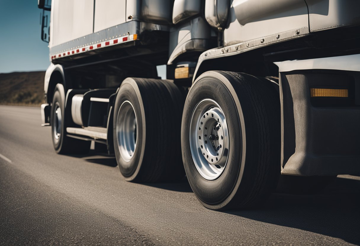 A semi truck parked on the side of the road, with worn-out tires and cracks in the rubber