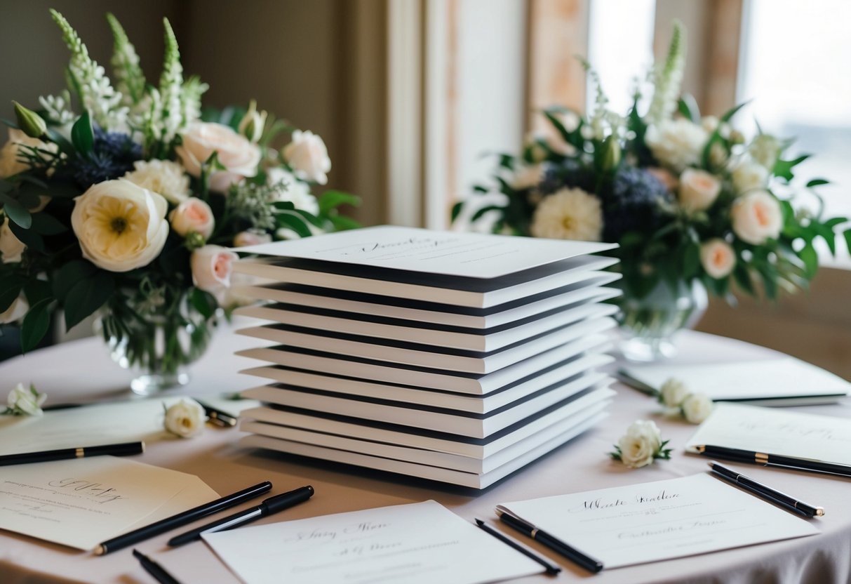 A stack of elegant wedding invitations displayed on a table, surrounded by floral arrangements and calligraphy pens
