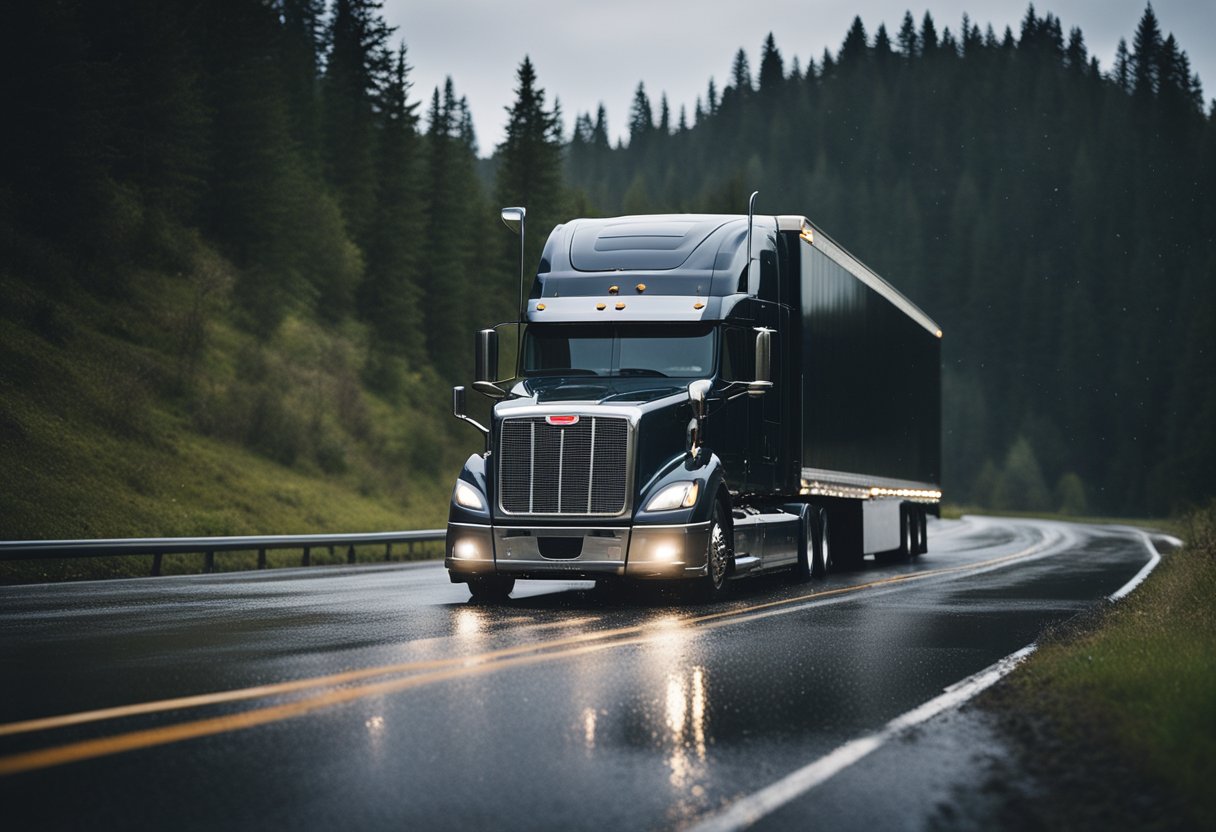 A semi truck driving on a wet, pothole-ridden road with worn-out tires