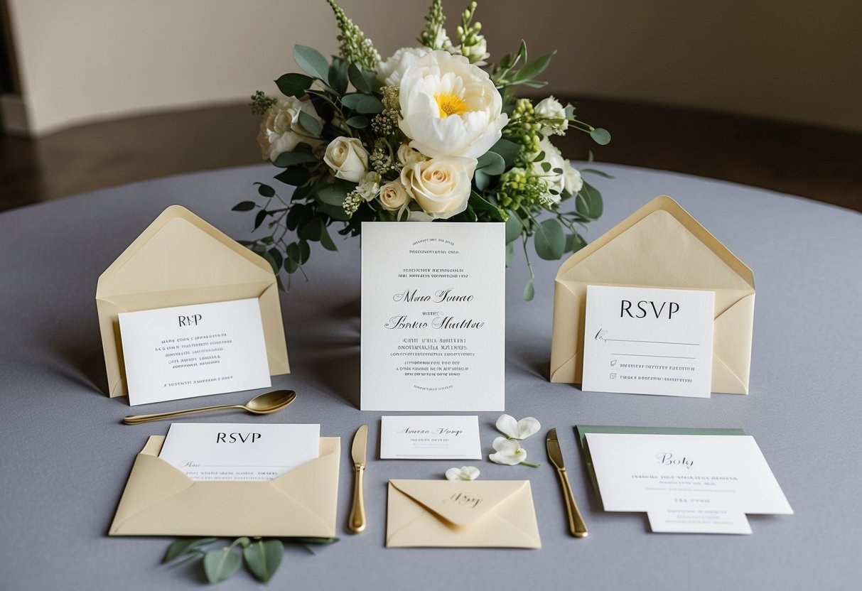 A wedding invitation suite with elegant design elements and coordinating pieces, such as RSVP cards and envelopes, displayed on a table