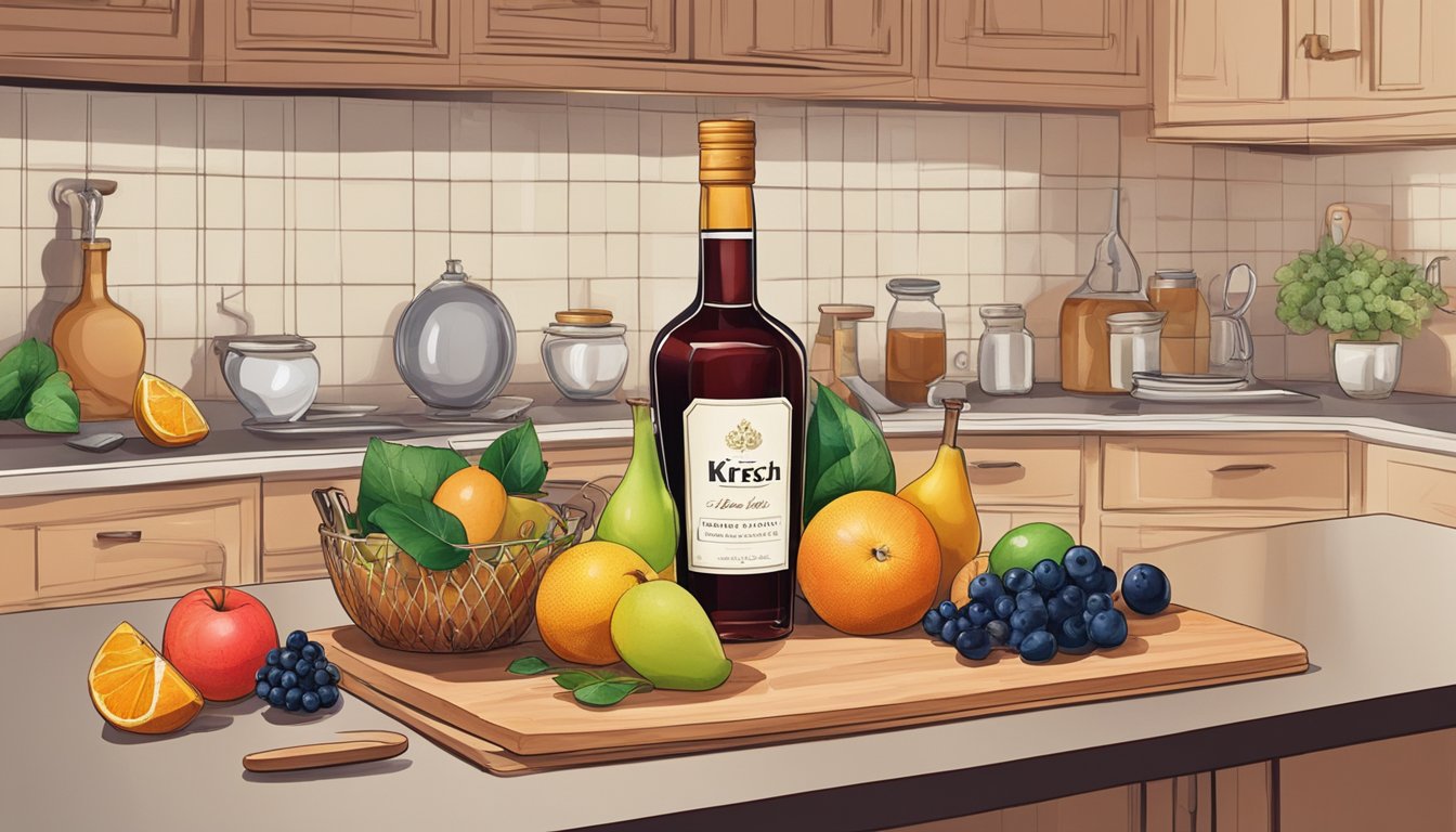 A bottle of kirsch and brandy sitting on a kitchen counter, surrounded by various fruits and baking ingredients