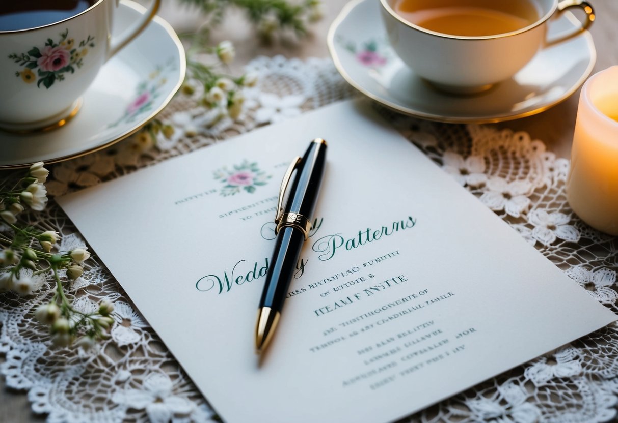 A pen poised over a blank wedding invite, surrounded by delicate floral and lace patterns, with a cup of tea and a candle nearby