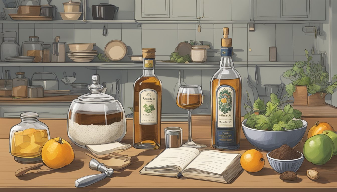 A bottle of kirsch and brandy sit on a kitchen counter, surrounded by various ingredients and cooking utensils. A recipe book is open to a page detailing the substitution process