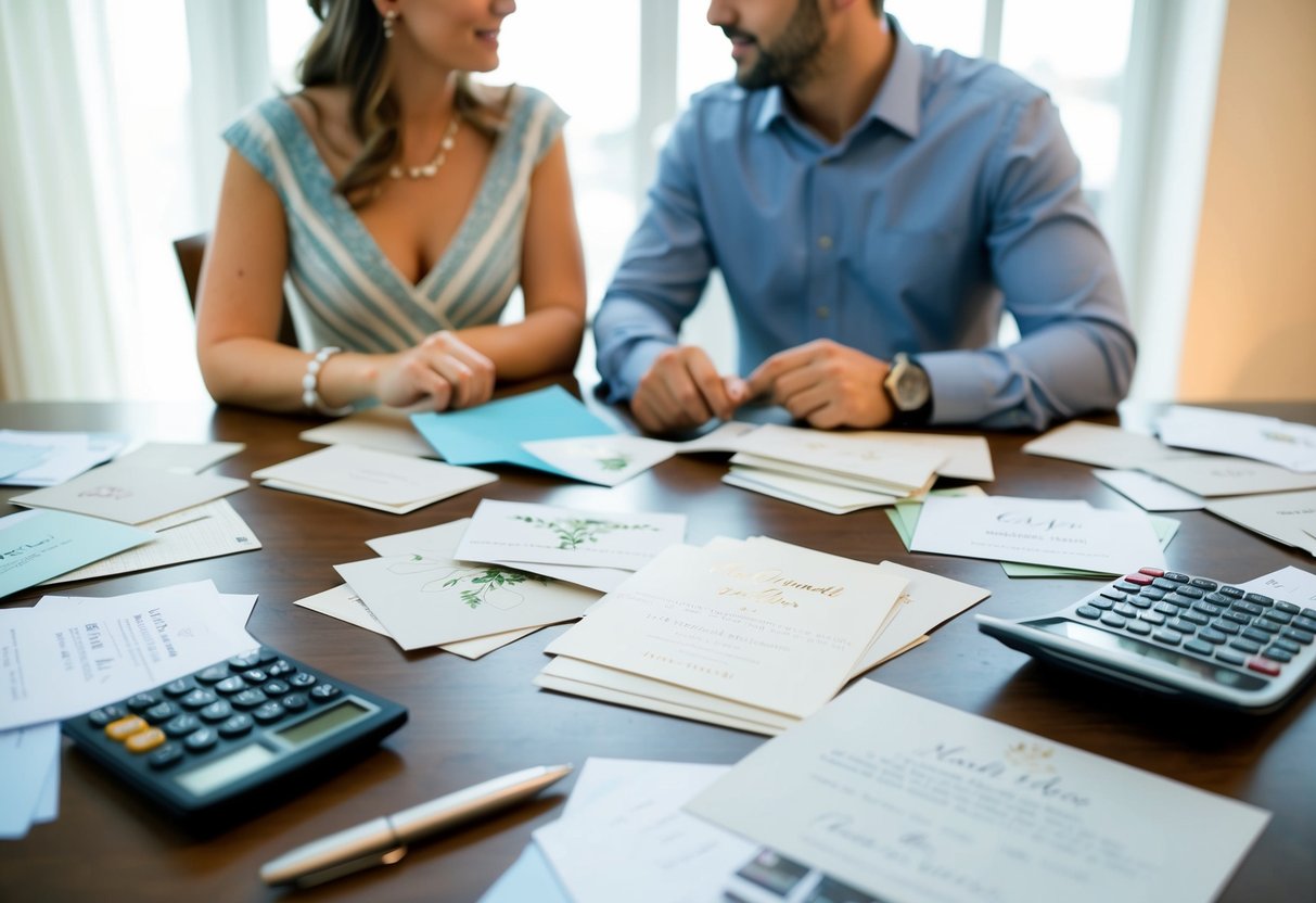 A couple sits at a table covered in various wedding invitation samples, discussing and comparing designs. A calculator and notepad are nearby, indicating a budget-conscious approach