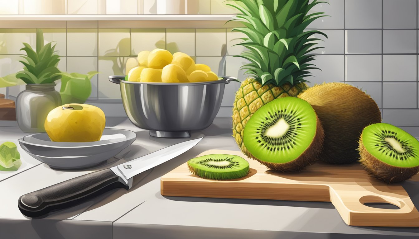 A kiwi and a pineapple sitting on a kitchen counter, with a knife and cutting board nearby