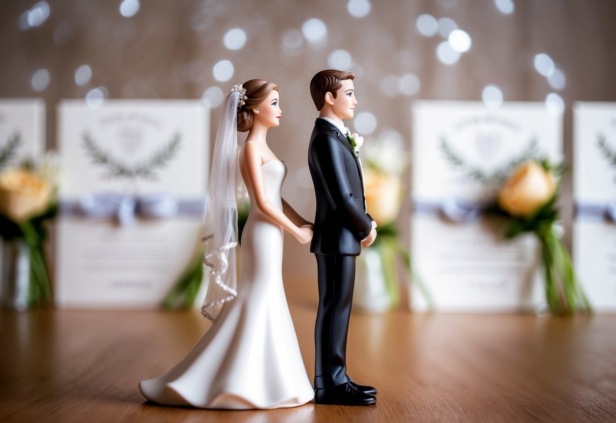 A bride and groom figurine stand side by side, with the groom slightly in front, against a backdrop of elegant wedding invitations