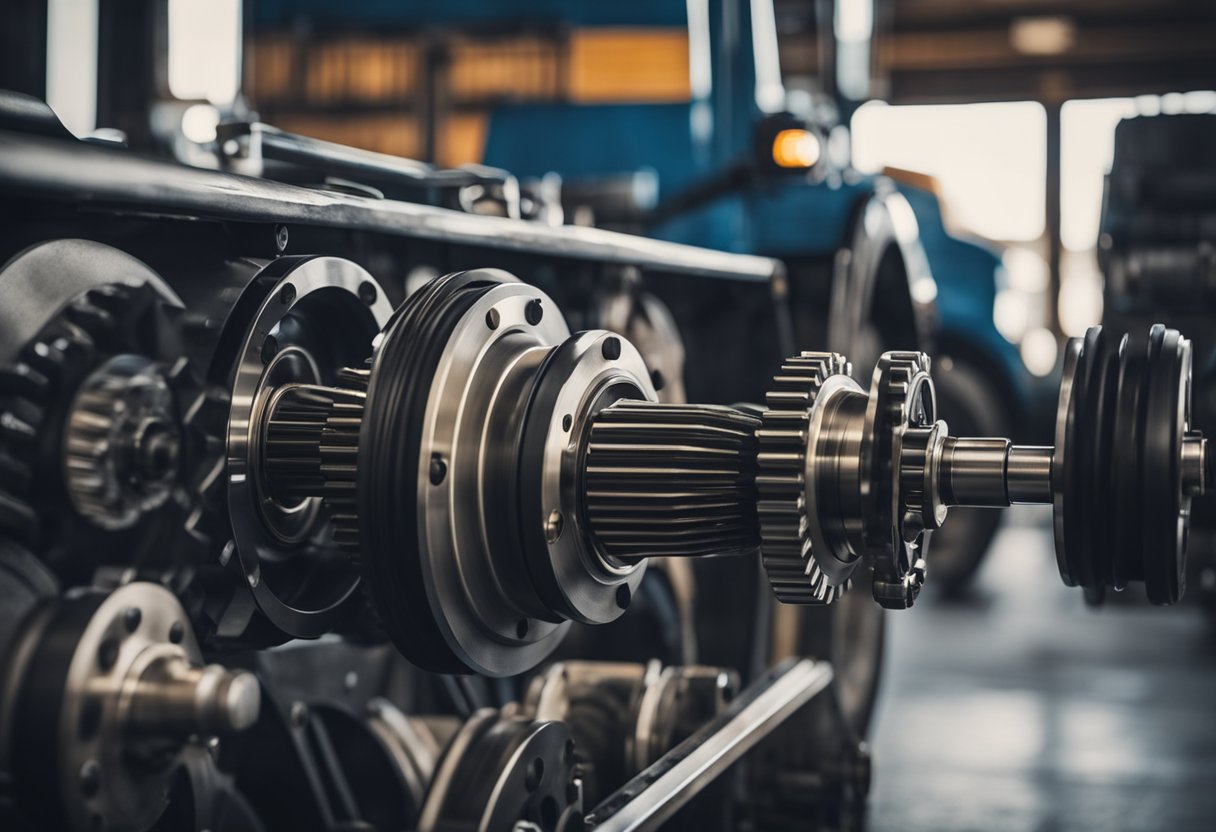 A semi-truck differential is shown with gears and axles connected, demonstrating the transfer of power between the wheels