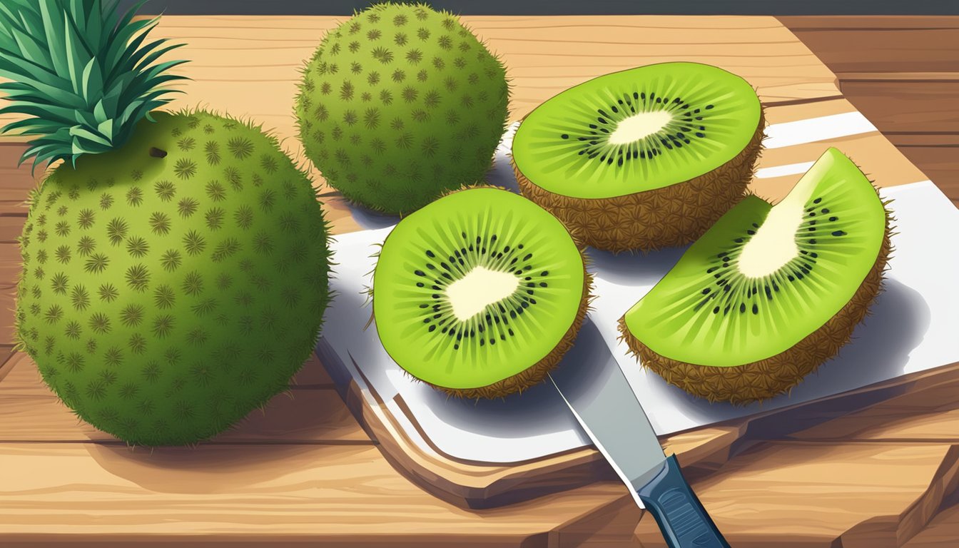 A kiwi fruit sitting on a cutting board next to a pineapple, with a knife and bowl in the background