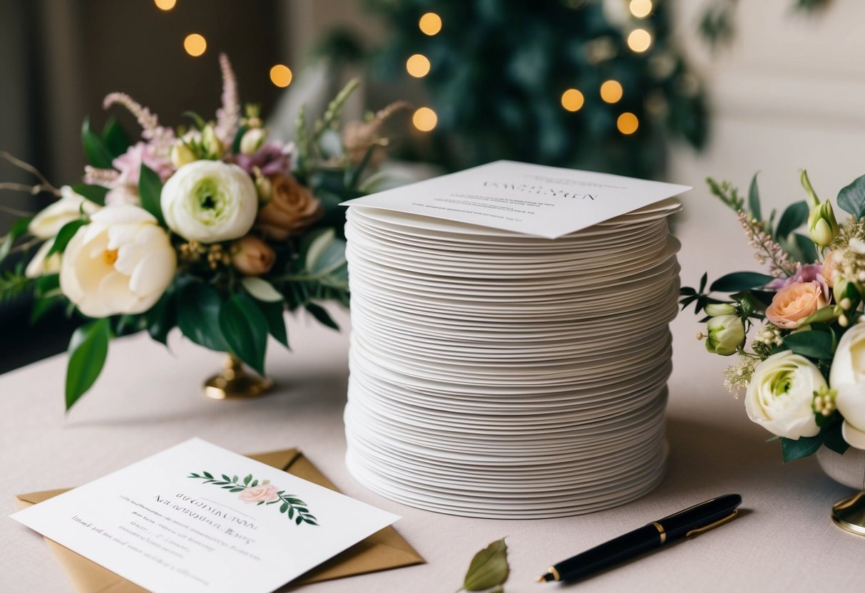 A stack of 100 elegant wedding invites arranged on a table with floral decorations and a calligraphy pen