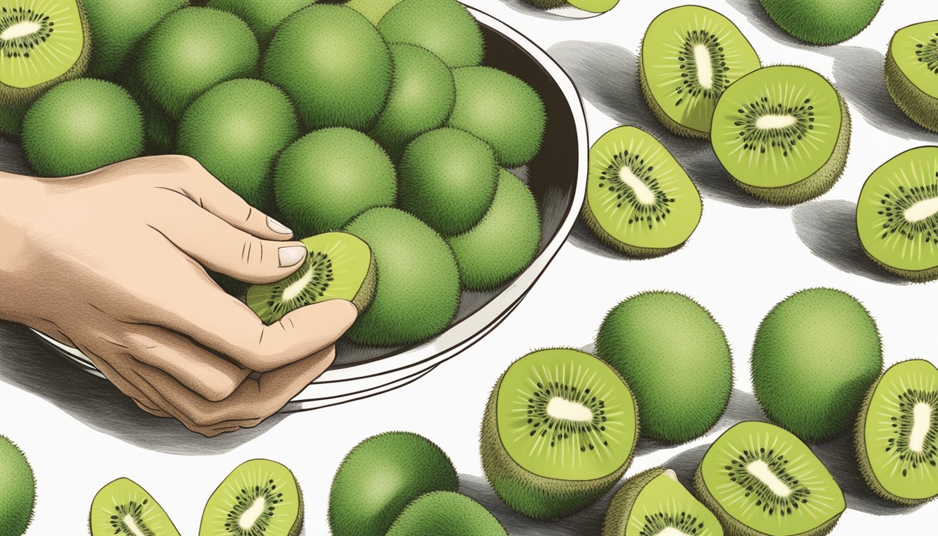 A hand reaching for kiwi berries next to a bowl of kiwi fruit