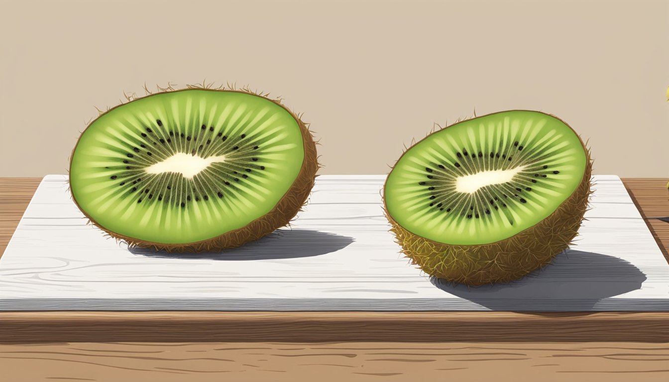 A ripe kiwi and pineapple sit side by side on a wooden cutting board, with a knife nearby