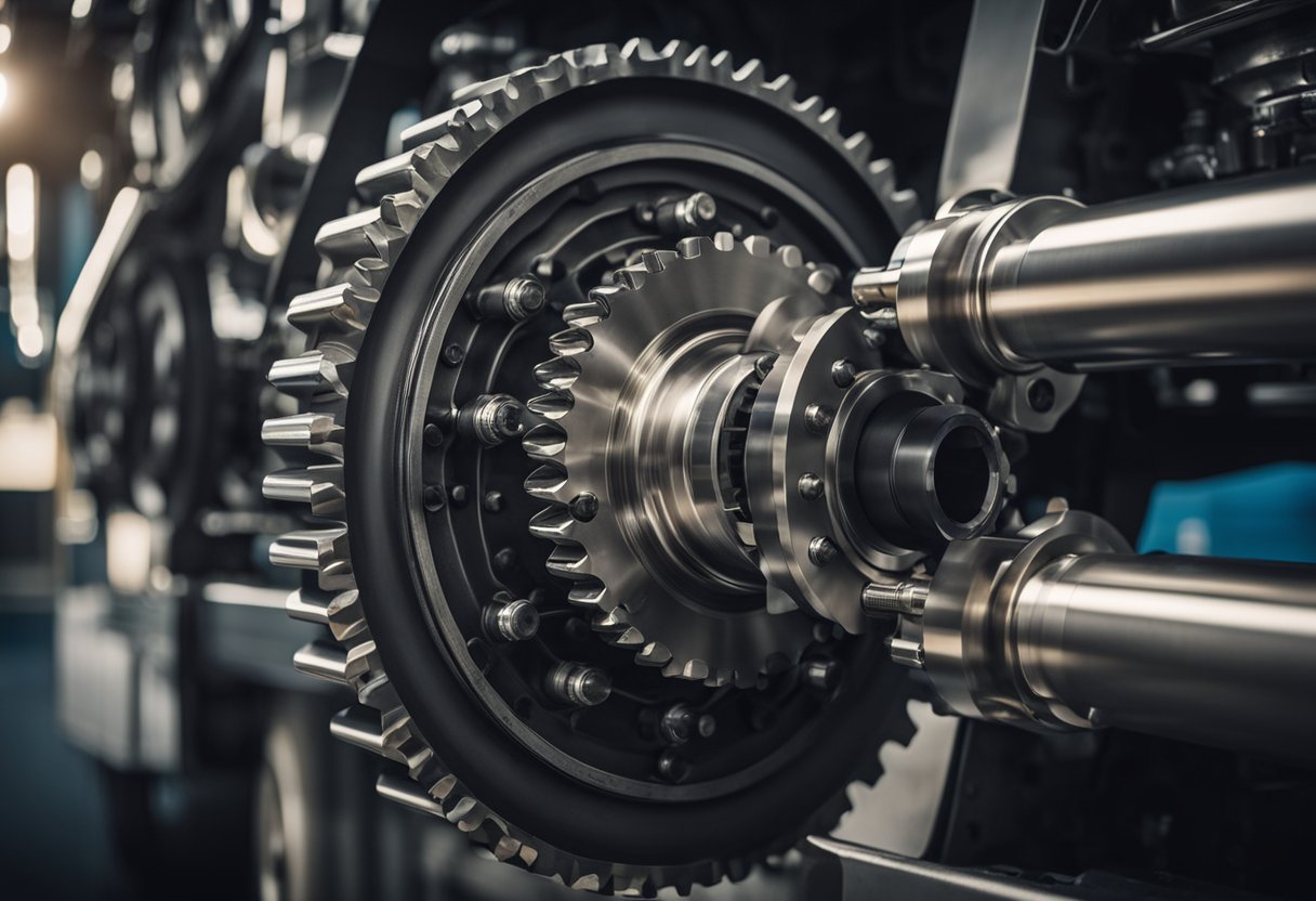 A semi-truck differential is shown with gears and axles in motion, demonstrating the transfer of power from the engine to the wheels