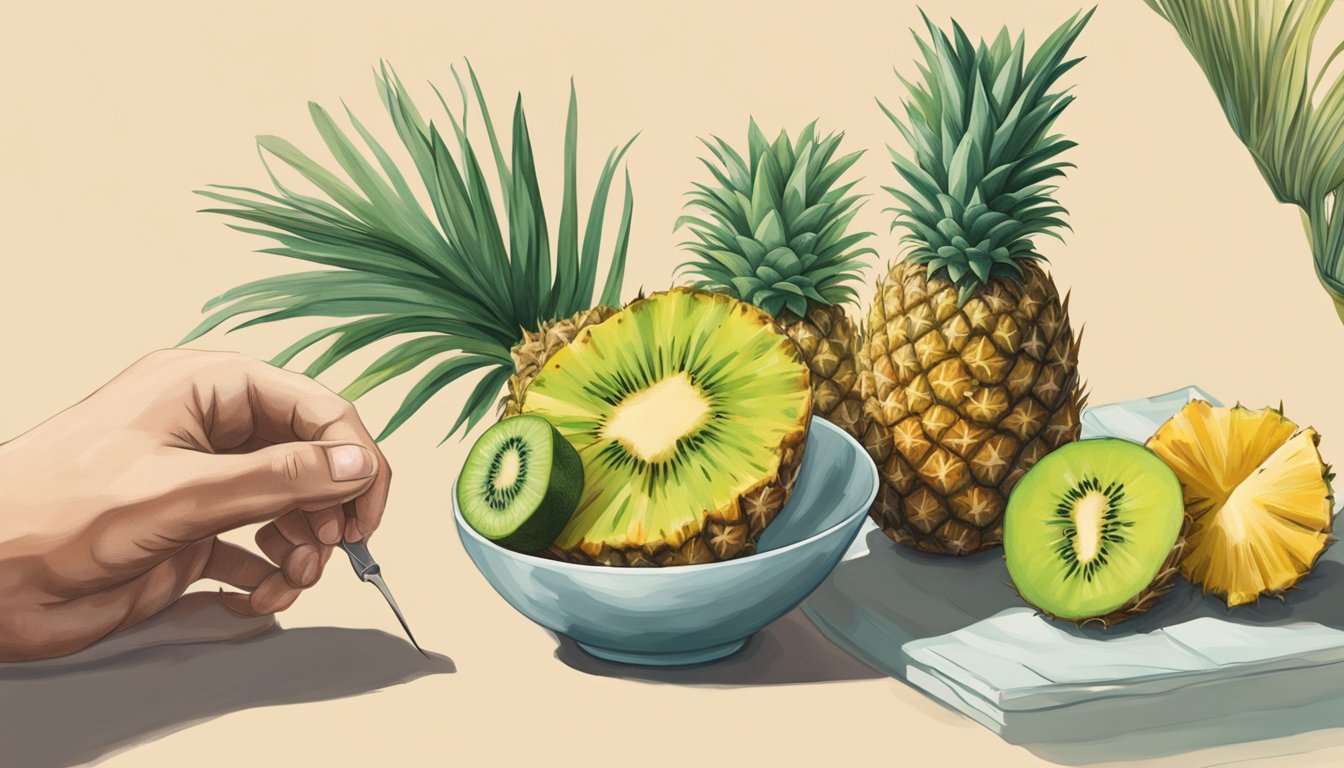 A hand reaching for a pineapple, but as it gets closer, the pineapple transforms into a kiwi. A bowl of fruit sits nearby