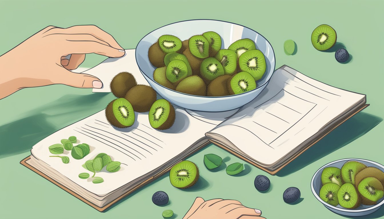 A hand reaching for a bowl of kiwi berries next to a recipe book open to a page about substituting kiwi fruit