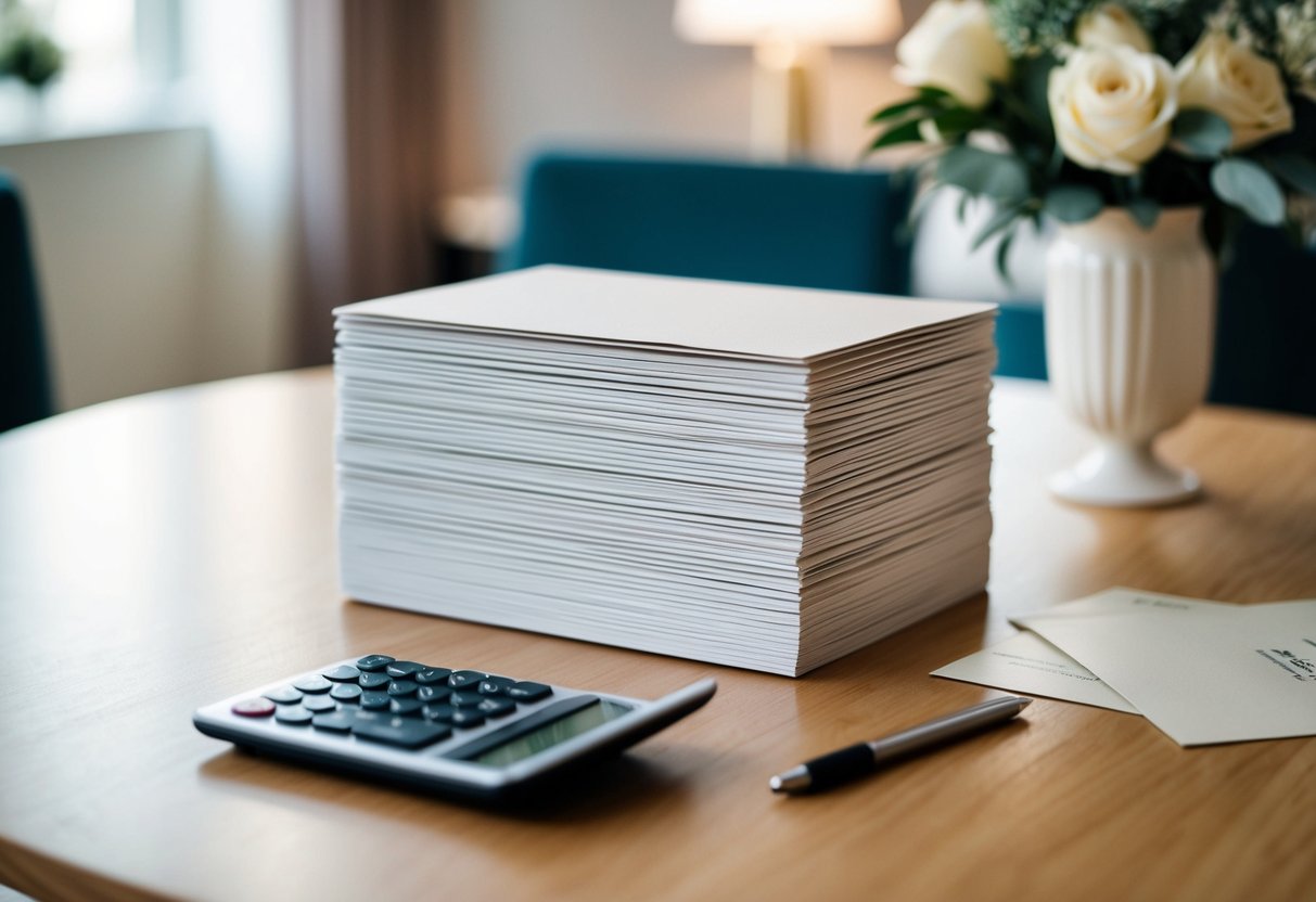 A stack of elegant wedding invitations arranged neatly on a table, with a calculator nearby for final cost considerations