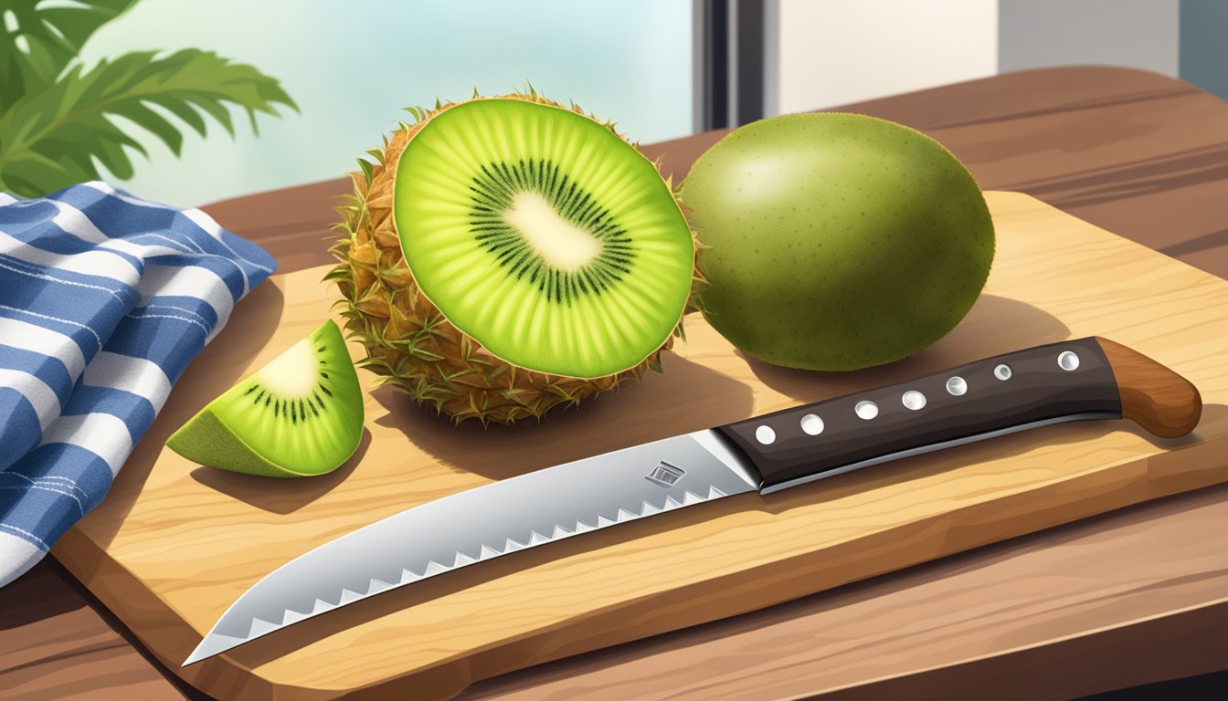 A ripe kiwi and sliced pineapple on a cutting board, with a chef's knife nearby