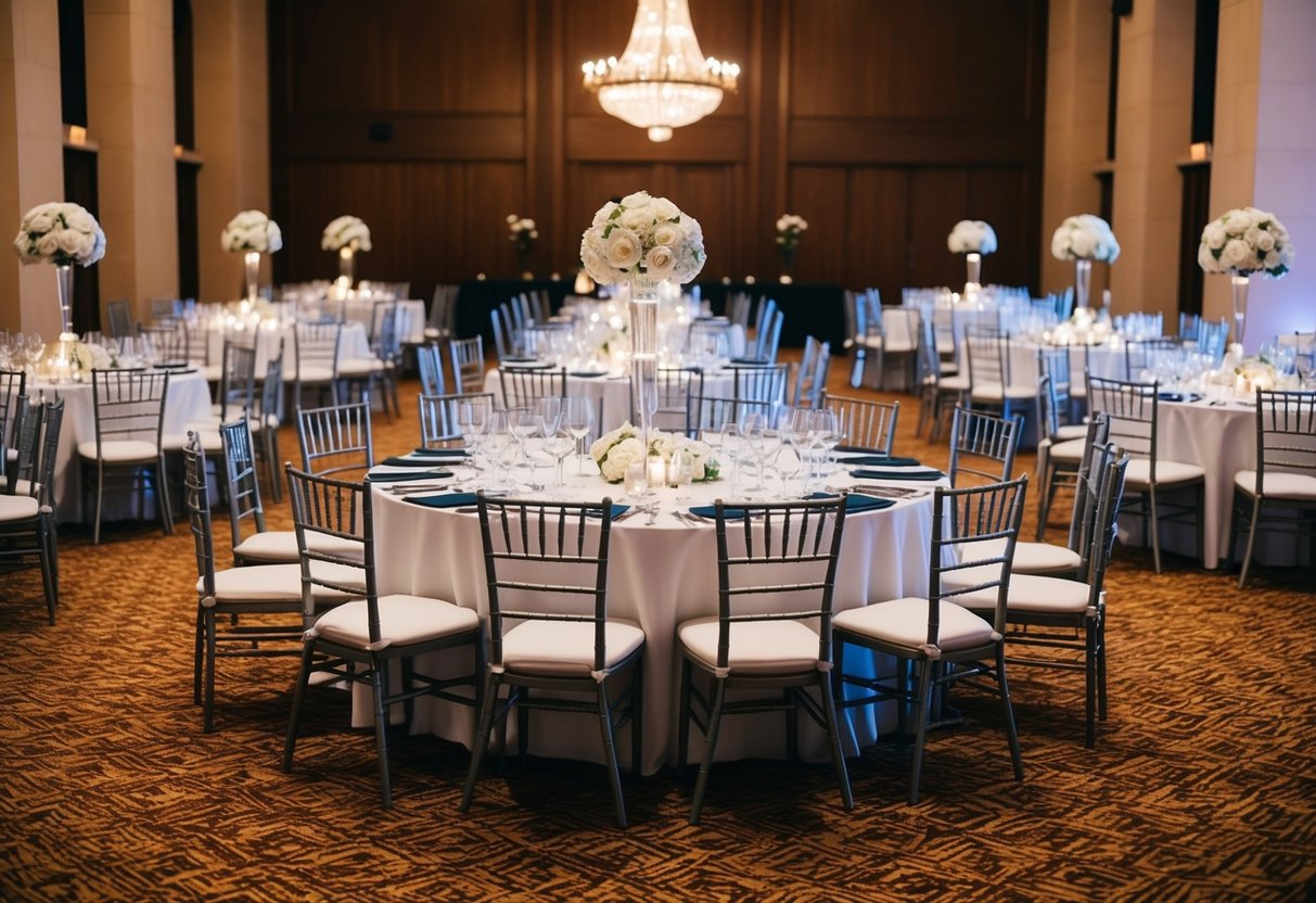 A grand banquet hall with 200 empty chairs arranged in neat rows, adorned with elegant place settings and centerpieces